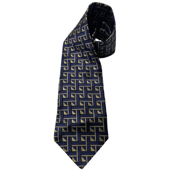 Pierre Balmain 100% Silk Mens Geometric Pattern Necktie Blue & Gold - Picture 1 of 3